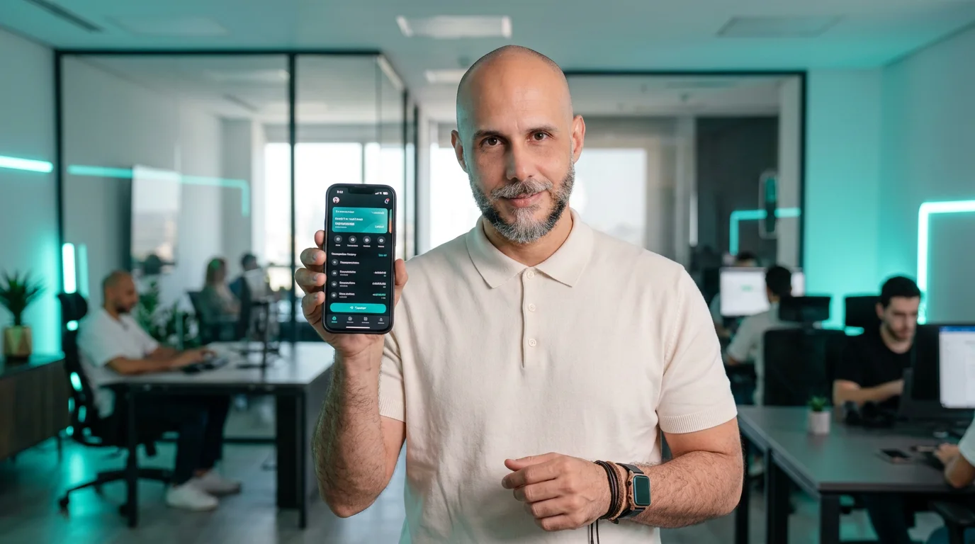 Desarrollador mostrando una app móvil en su smartphone