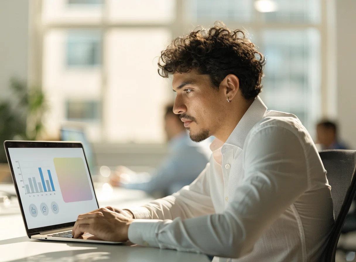 Empresario consultando métricas de su sitio web con la ayuda de una IA