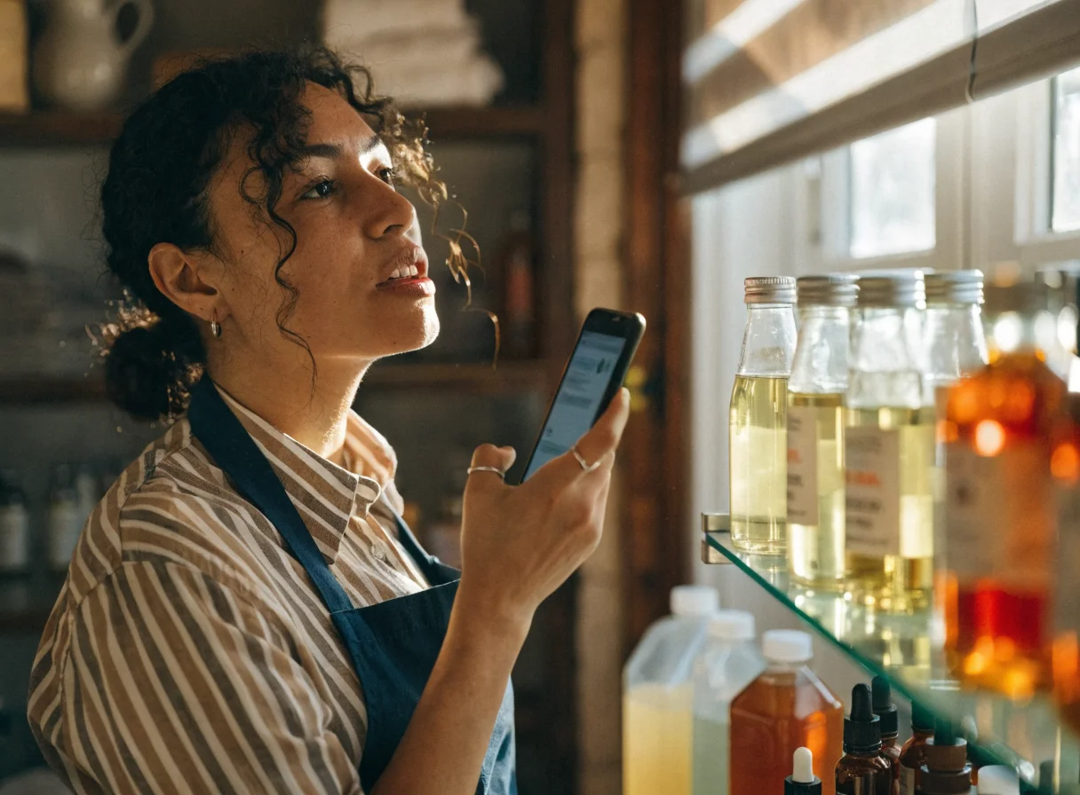 Dueña de tienda actualizando su catálogo online hablando con una IA