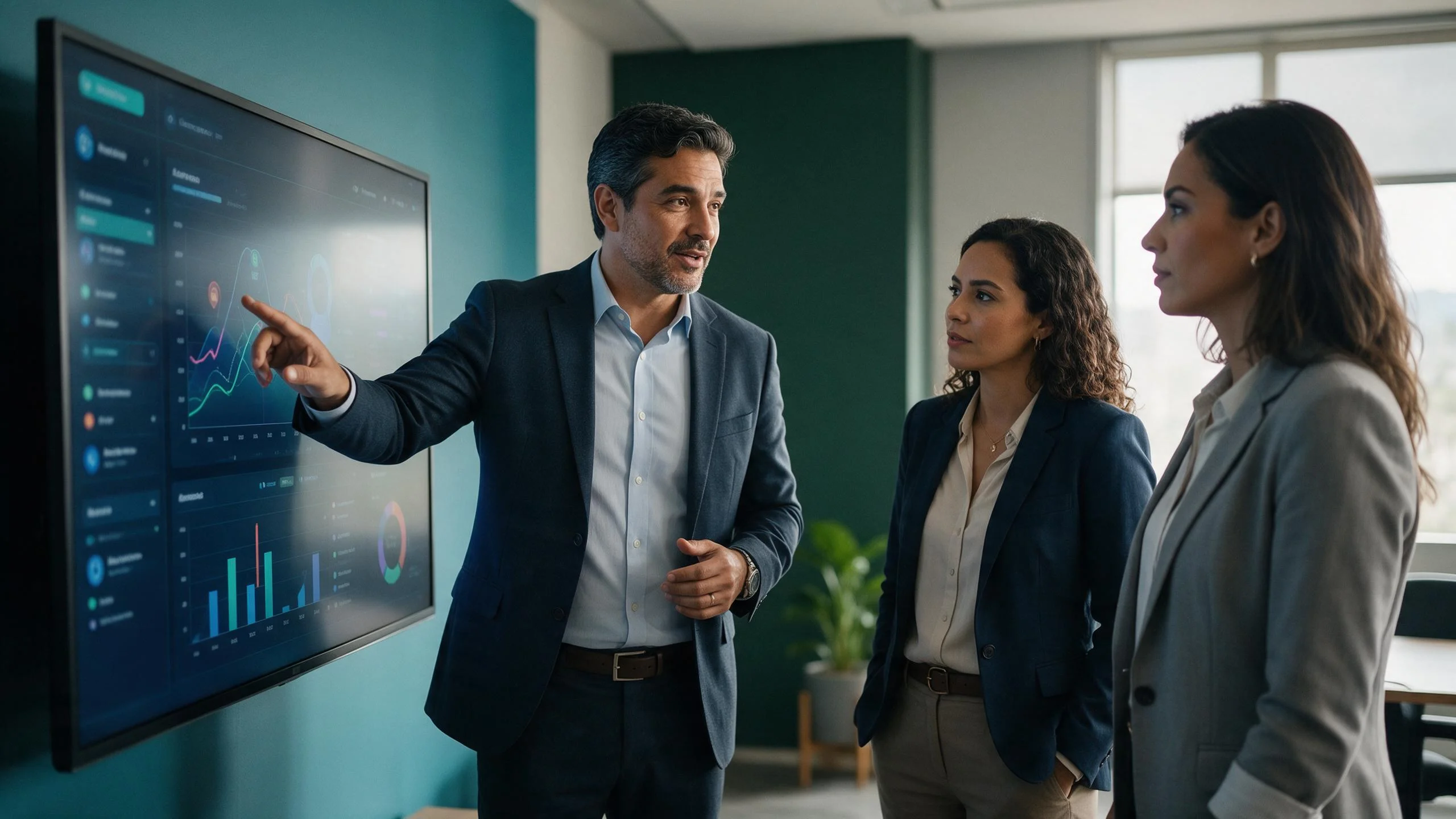 Consultor explicando una plataforma con IA a clientes
